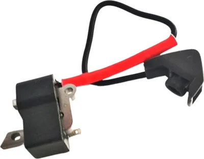 A close-up shot of a black ignition coil with red and black wires against a white background.