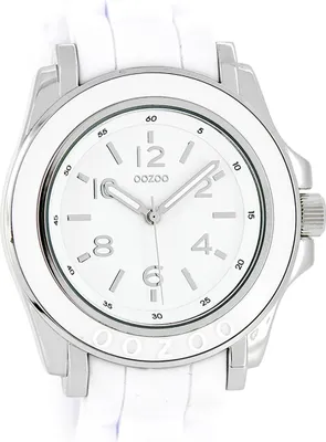 Close-up of a white wristwatch with a silver bezel and white silicone strap.