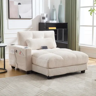 Image de MODFU Fauteuil Relax - Fauteuil Relax Rembourré Beige avec Porte-Gobelets et USB - Confort Optimal, Tissu Kordsamt
