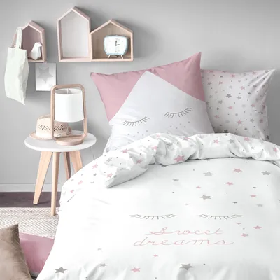 Produktbild von Sweet Dreams Bettwäsche 80x80 + 135x200 cm Wendebettwäsche für Kinder / Mädchen Sleepy Eyes, Wimpern, Sterne 100% Baumwolle