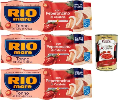 Produktbild von Rio mare Tonno all'Olio di Oliva con Peperoncino di Calabria, Thunfisch mit Olivenöl mit Kalabrien -Chili -Pfeffer 9x 65 g + Italian Gourmet polpa 400g