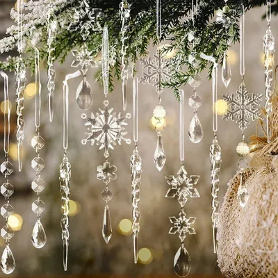 Produktbild von 18-teiliges Weihnachtsbaum-Dekoration, Kristallornamente – Hängende Acryl-Weihnachtsschneeflocken-Eiszapfen-Tropfen-Kristallornamente für Weihnachtsbaum, Winter-Neujahrsparty-Zubehör