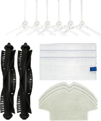 A collection of robot vacuum cleaner accessories, including brushes, filters, and mop pads, arranged on a white background.
