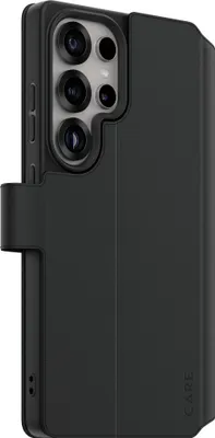 A black phone case with a wallet flap and camera cutout is shown from the side.
