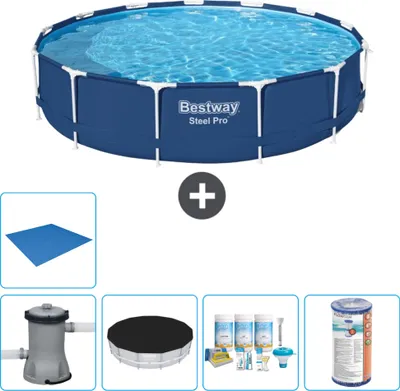 Obrázok produktu pre Okrúhly bazén Bestway Steel Pro - 396 x 84 cm - modrý - vrátane krytu čerpadla - balík na údržbu - filter - zemný kryt