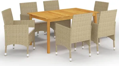 Produktbild von 7-teilige Garten-Essgruppe für 6 Personen, Akazienholz & wetterfestes Rattan, Beige, Tisch 150x90 cm mit Kissen