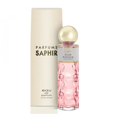 A bottle of Saphir Due Amore Eau de Parfum for women and its packaging stand side-by-side against a white background.
