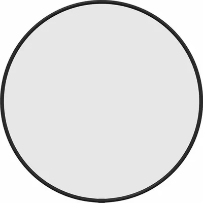 A round mirror with a black frame against a light gray background.