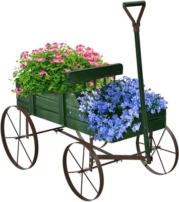 Produktbild von GOPLUS Blumenwagen, Holzwagen mit Metall Räder, Blumenständer, Blumenkasten, Pflanzenständer für Garten&Terrase&Outdoor, Regal für Blumentopf