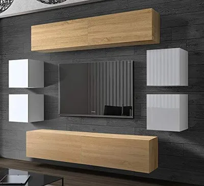 Produktbild von Furnitech Wohnwand Wohnzimmer - Wohnzimmer Möbel mit LED RGB - 16 Farben - Hängend Wohnwand Modern - Regale und TV Schrank (Future C42/HGM/WD/48 1A)