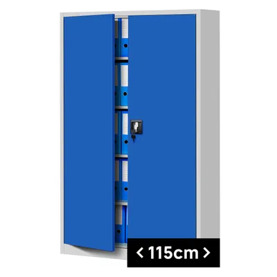 A blue metal filing cabinet with open doors, showing multiple shelves filled with binders.