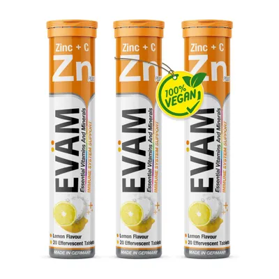 Produktbild von EVÄM Zink + Vitamin C Brausetabletten 3er Set(60 Stk) zur Unterstützung d Immunsystem, Energie, Haut, Haare, Nägel, Zitronig, vegan, Hergestellt in DE
