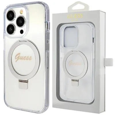 Zdjęcie produktu dla Etui Guess Ring Stand Script Glitter Magsafe Na Iphone 15 Pro - Przezroczyste