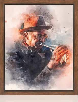 A watercolor-style painting of a man playing a trumpet.