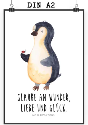 Produktbild von Mr. & Mrs. Panda Bild Pinguin Marienkäfer DIN A2 - Weiß - Geschenk, Liebe, Aufmerksam, Freude, Wanddekoration, Wandbild, Kleine Wunder, wanddeko, Plakat, drucke