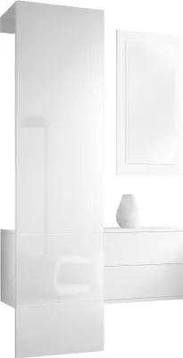 Produktbild von Vladon Garderobe Carlton Set 2, Germany, Garderobenset bestehend aus 1 Garderobenpaneel, 1 Schubkastenschrank und 1 Wandspiegel, Weiß matt/Weiß Hochglanz (105 x 193 x 35 cm)