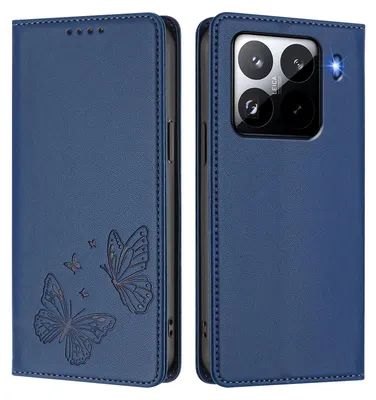 Produktbild von Lederhülle für Xiaomi 15 Pro, Schmetterling Prägung Leder Brieftasche Schutzhülle mit Ständer Dunkelblau