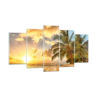 Produktbild von Bilder auf glas - Strand Meer Palme - 160x85cm - Glasbilder - Wandbilder - Kunstdruck - zum Aufhängen bereit - Wanddekoration aus Glas - Glas Bilder - Wandbild auf Glas - 5 Teile - GEA160x85-3606