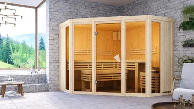 Produktbild von Karibu Sauna Innensauna Alcinda 2 Ganzglas Fronteinstieg Ofen 9 kW integr. Strg  231x231x198 cm ohne Dachkranz