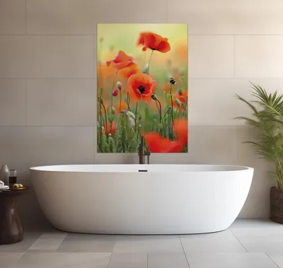 Produktbild von Wallario wasserfestes Poster selbstklebend 70 x 100 cm, Mohnblumenblüten, Badezimmerposter Spritzschutz mit Hochglanzoberfläche in Glasoptik