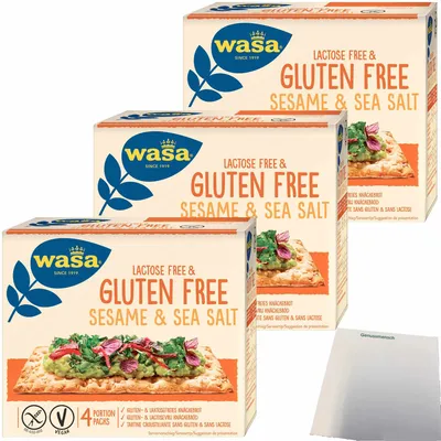 Produktbild von Wasa Knäckebrot Gluten und Laktosefrei mit Sesam und Meersalz 3er Pack (3x240g Packung) + usy Block
