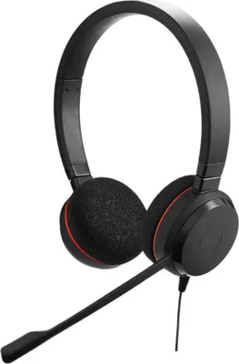 A black wired headset with a microphone is shown against a white background.