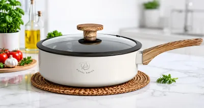 Image de Poêle à fond profond de 24 cm avec couvercle en verre – Revêtement antiadhésif de haute qualité – Compatible avec les plaques à induction – Convient à tous les types de cuisinières – Durable. Royal Swiss®