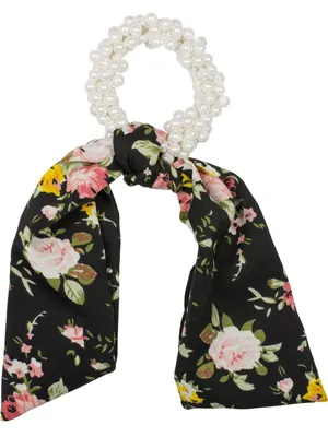 Produktbild von styleBREAKER Damen Perlen Haargummi mit Satin Schleife, elastisch, Scrunchie, Zopfgummi, Satinband, Haarband 04027037