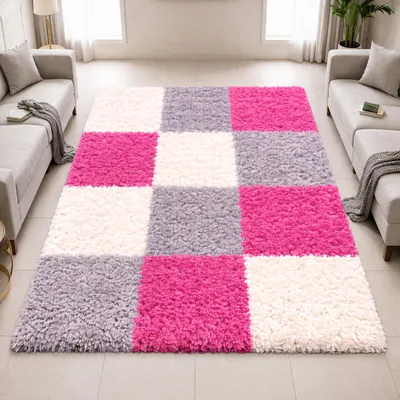 Zdjęcie produktu dla Dywan Shaggy, wielokolorowy, różowy, szary, kremowy – nowoczesny dywan z długim włosiem i wzorem w kratkę, wymiary: 160 x 230 cm