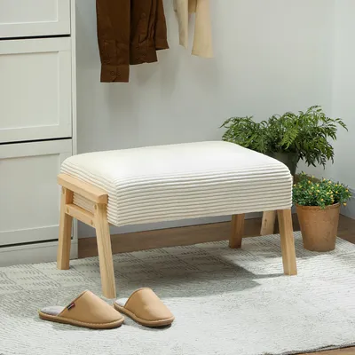 Image de Pouf Cordoptik, repose-pieds rembourré, tabouret rétro en velours côtelé, couleur crème | 70 x 46 x 40 cm | jusqu'à 120 kg | rembourrage de 16 cm