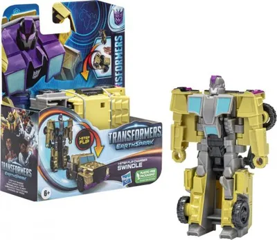 A Transformers EarthSpark 1-Step Flip Changer toy is shown in its packaging next to the toy itself.
