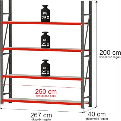 Zdjęcie produktu dla Regał metalowy magazynowy warsztatowy 4-półkowy Mega-M FORTIS 200x267x40 cm moduł bazowy 1000kg