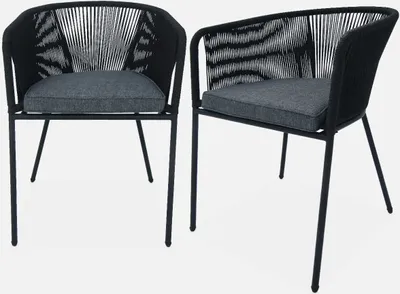 Two black garden chairs with gray cushions are shown against a white background.
