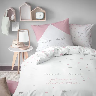 Produktbild von Sweet Dreams Bettwäsche 80x80 + 135x200 cm Wendebettwäsche für Kinder / Mädchen in rosa Sleepy Eyes, Wimpern, Sterne 100% Baumwolle in Biber