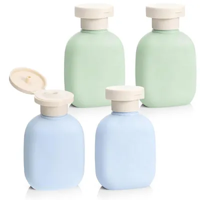 Produktbild von 4er-Set auslaufsichere Quetsch-Reiseflaschen, 100 ml, nachfüllbar, Kunststoff, tragbar, für Shampoo, Creme, Lotion, Conditioner (blau+grün)
