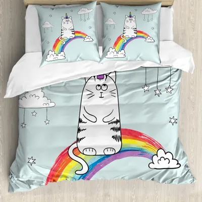 Produktbild von ABAKUHAUS Einhorn-Katze Bettbezug, Regenbogen-Wörter Kunst, Milbensicher Allergiker geeignet mit Kissenbezügen, 155 cm x 220 cm - 80 x 80 cm, Mehrfarbig