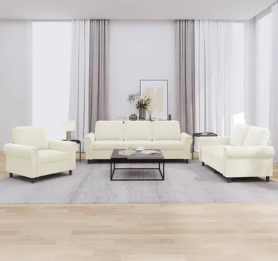 Produktbild von Design 3-tlg. Sofagarnitur mit Kissen Creme Samt, Schlafsofas 2024 Neu
