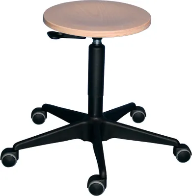 Produktbild von Drehhocker Atlanta | Sitzhöhe 49-62cm | Ø 59cm | Tragfähigkeit 110kg | Holz-Buche | Stahl-Fußkreuz mit Rollen | Hebelauslösung | Buche