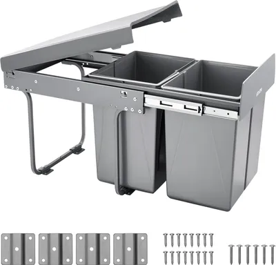 Produktbild von VEVOR ausziehbarer Mülleimer für Küchenschränke (20 L x 2) doppelter Mülleimer unter der Spüle, Abfallbehälter zur Untermontage, mit robustem Vollauszug-Schiebesystem aus Metall und Griff