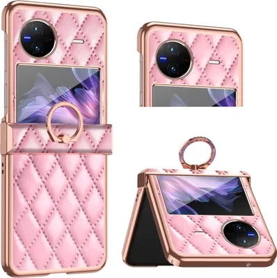 Produktbild von Luxus Leder Muster Galvanik Handyhülle für Vivo X Flip mit Ringhalterung und Scharnierschutz Pink