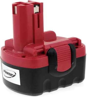 A red and black battery pack for a Bosch lawn trimmer.