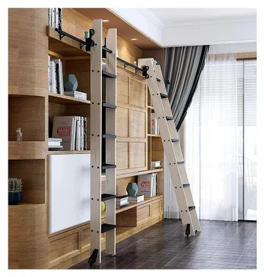 Produktbild von Einziehbare Bibliotheksleiter Schiene mit Rollen, 1–6 m mit Bodenrollen, Gleitleiter Schienen Set für Zuhause und Büro