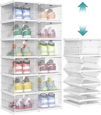 Produktbild von Famanu Schuhschrank Set von 2, mit 12 Schuhboxen, integrierter Schuhorganizer, faltbar, tragbar, für Schuhe bis Größe 46, Montage in 1 Minute,