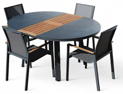 Produktbild von ALEOS. Gartengarnitur Gartenset Aluminium TEAK Set mit rundem Ausziehtisch 120cm auf 160cm ausziehbar + 4 Stapelstühle anthrazit Trinidad