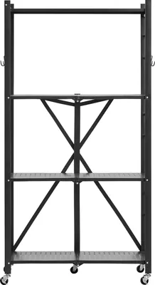 A black, four-tier folding shelf unit with wheels, shown against a white background.
