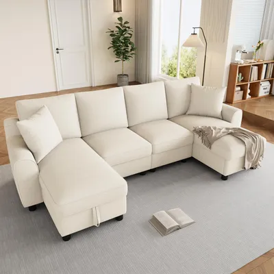 Immagine prodotto di Divano angolare imbottito con due chaise longues, divano da soggiorno con due cuscini, divano a forma di "U" con spazio contenitivo, divano letto in chenille color beige