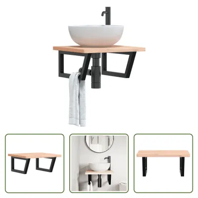 Image de The Living Store Étagère de lavabo murale en acier et bois massif de hêtre