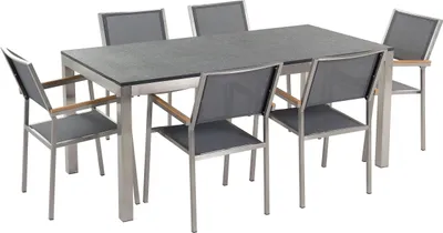 Produktbild von BELIANI Gartenmöbel Set Schwarz Granit Edelstahl Tisch 180 cm Geflammt 6 Stühle Terrasse Outdoor Modern