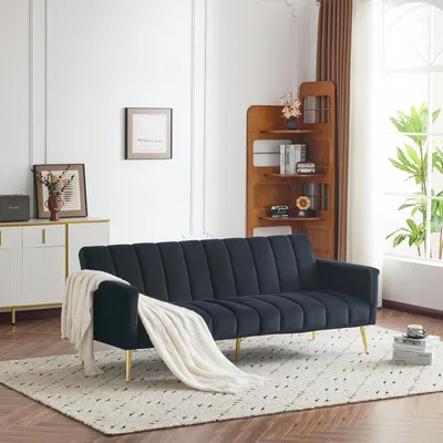 Produktbild von okwish Sitzgruppe klappbares Loungesofa,Relaxsofa mit Schlaffunktion aus Samtstoff,Modernes Zweisitzer mit Hilfsfüßen,Schwarz