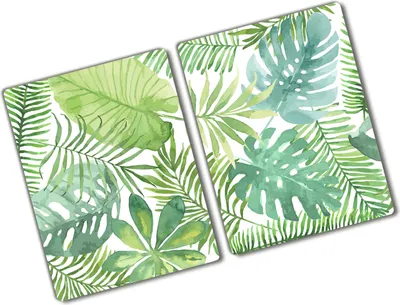 Produktbild von Tulup Glas Herdabdeckplatte - 2x40x52 cm - Glaskeramikkochfeld-Abdeckung Spritzschutz Glasabdeckplatte Kochplattenabdeckung und Schneidebrett - Zweiteilig - Blumen & Pflanzen - Tropische Blätter - Grün